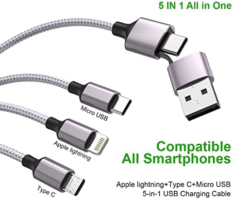 Мулти 5 во 1 Универзален 3A Брзо полнење USB кабел за полнење, 1,8M/6FT USB A/Type C до Молња +Тип C +Micro USB најлонски адаптер за кабел за