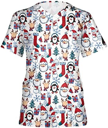Класичен Божиќен елемент Печати за жени мода V-врат Краток ракав Работна облека Медицинска сестра униформа со џебови