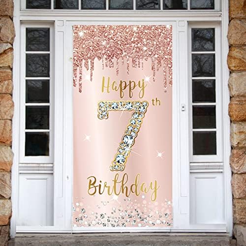 7-ми Роденден Врата Банер Украси За Девојки, Розова Розово Злато Среќен 7 Роденден Покрие Врата Знак Партија Материјали, Седум