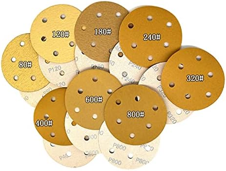 Средба со полирање од дрво метал 100 парчиња 5-инчи со кука со 6-дупки и јамка злато шкурка Абразивни дискови од 60 до 1000 грама