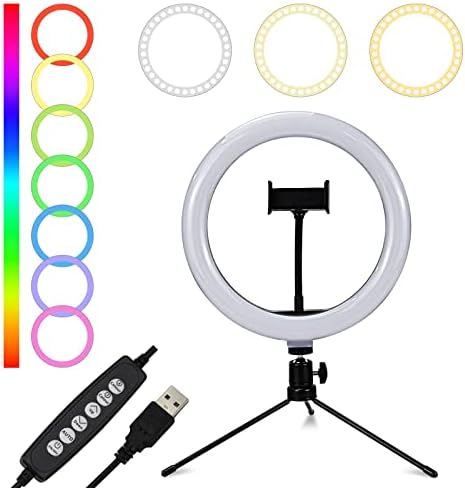 10.2 Прстен Светло Со Статив, 7 Бои RGB LED Прстен Светлина ЗА Мобилен Телефон Со Носителот &засилувач; Камера Далечински Блендата За Шминка/