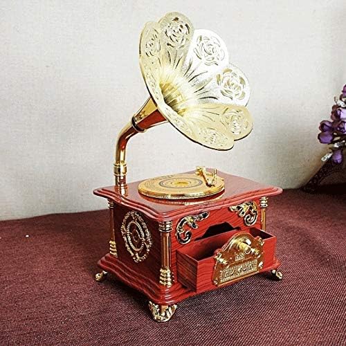 Lhllhl гроздобер црвен фонографски музички кутија накит за накит Движење механички музички кутија Ротари механизам свадба подарок