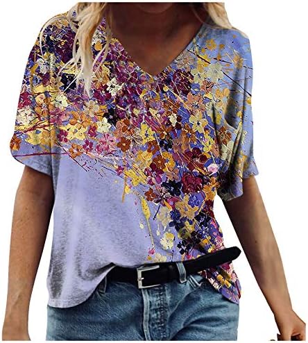 Кошули за жени, цветен графички принт vneck краток ракав преголема обична маица печатени маички за жени