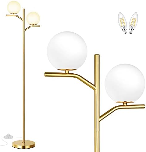 QIMH модерна ламба за подот за дневна соба, златна стоечка ламба со 2 замрзнати стаклени глобуси, 68 современа светлина од средниот век, светло