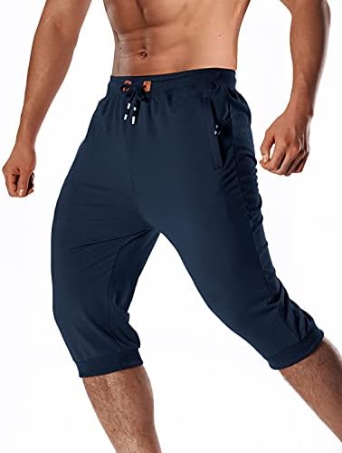 Лепоар за машки 3/4 џогери капри панталони со удобни тренинзи за тренинг, трчање на коленото должина на половината, патент џебови