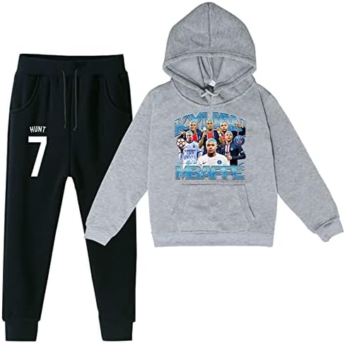 Запионски момчиња 2 парчиња облека Калјан Мбапе, руно пуловер и панталони со џогер, поставени обични костуми со качулка со дуксери за тинејџери
