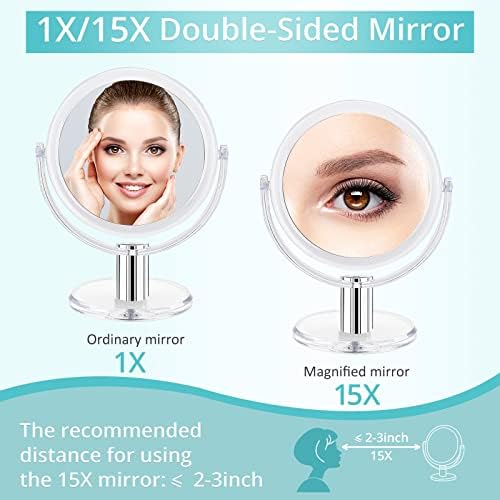 Fabuday Sainking Mirror Mirror 1x & 15x - двострана биро суета огледало со зголемување, двонасочно сочинување огледало за табела, зголемено