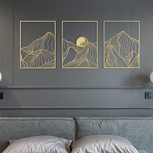 Путуо декор 3 парчиња златен планински метал wallидна уметност, модерна минималистичка линија wallид декор, рустикална дневна соба wallидна