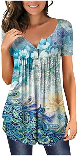 Женски цветни туники врвови на обична блуза против копчиња за кратки ракави на вратот нагоре маици скријте го стомакот летен мета