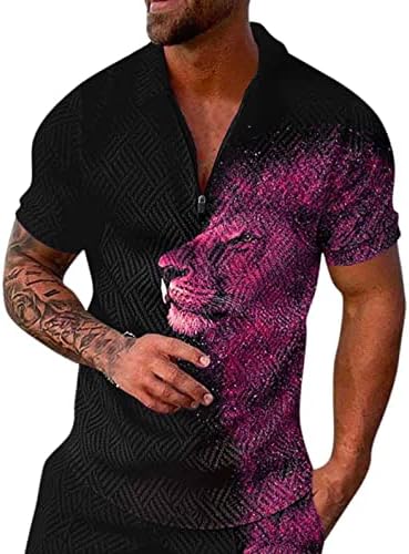 XXBR MENS ZIPPER POLO кошули Краток ракав Поштенски врат голф врвови на улица 3Д дигитален графички лав печати за крпење на мускули