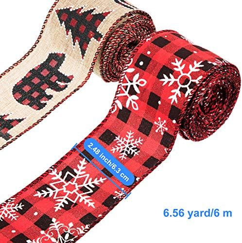 2 ролни Божиќ жичен раб лента за завиткување лента црвена и црна карирана карирана лента лента снегулка мечка дрва лента со лента