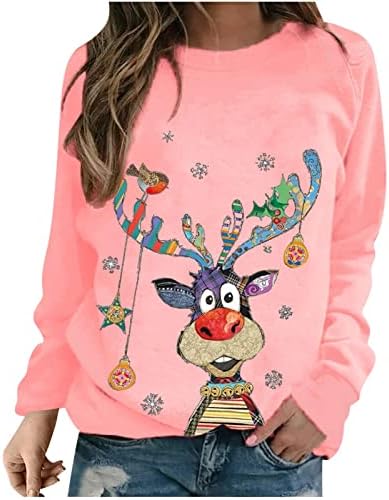Грди Божиќни врвови за жени смешни слатки печати кошули со долг ракав празник новини Божиќни џемпери за џемпери за џемпери на екипаж