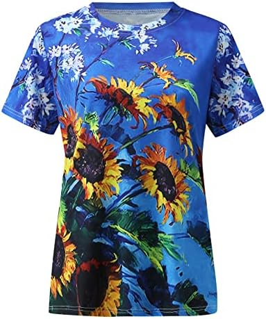 Канием жени цветни графички печати екипаж на вратот со кратки ракави за кратки ракави, тунична тешка летна блуза