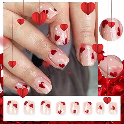 24pcs Ден на вinesубените, притиснете на ноктите кратки плоштади црвено срце лажни нокти црвено срце бело полко -точки дизајн целосен