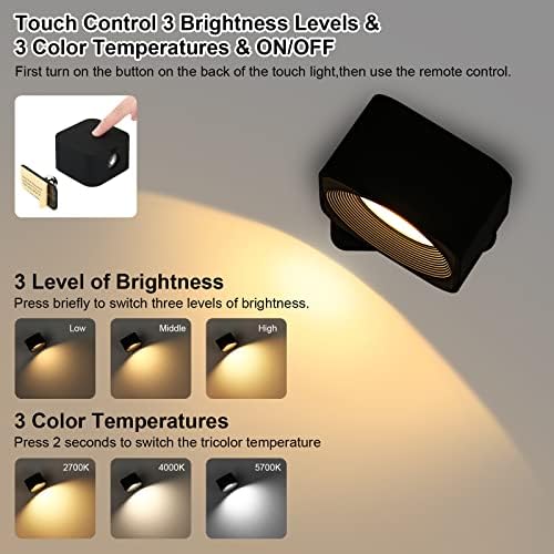 Lightess LED Wall Sconces Батерија Управувана Со Далечински И Прекинувач За Контрола На Допир, Затемнувачко Светло За Црн Ѕид