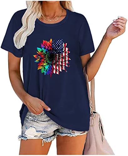 Маица за Денот на независноста на Nxxyeel, женски симпатични сончогледни графички маици со краток ракав О вратот летни обични маички врвови