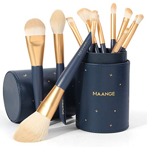 Четки за шминка Maange 12 парчиња професионална синтетичка четка за шминка поставена со држач за фондација контура во прав закзачник