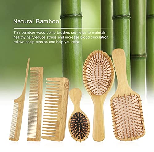 6 парчиња природна дрвена бамбус четка за коса и чешел сет со чешел од опашка, чешел за заби, чешел со двојна глава, 3 различни