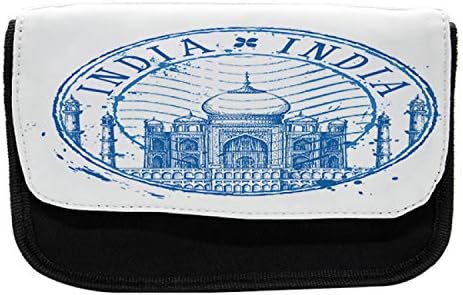 Необичен етнички молив случај, печат инспириран од Таџ Махал, торба со молив со ткаенини со двоен патент, 8,5 x 5,5, сино и бело