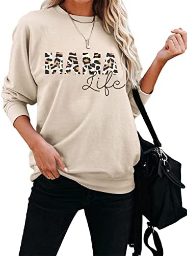 Mama Life Sumshers Women Women Leopard Print Tilt Mod Mode Mode Mode Mode Lightweight Pullover Bluze Мајка подарок со долг ракав