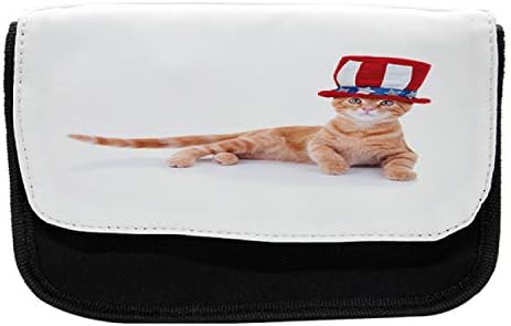 Зачудувачки случај на молив на 4 јули, мачка Кити САД, знаме на знаме, торба со молив со ткаенини со двоен патент, 8,5 x 5,5, разнобојно
