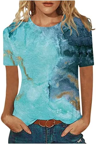 Тинејџерска девојка салон со блузи со кратки ракави Бродски врат мермер графички лабав вклопување лето есен топ 2023 облека трендовски
