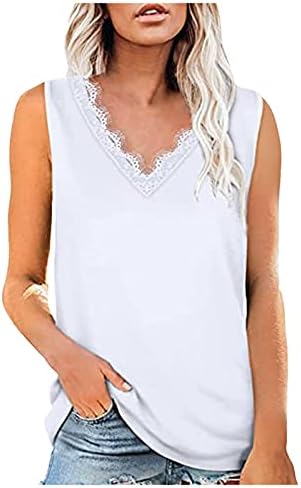 маица на icjjl за жени обични кратки ракави секси летни врвови V-вратот на чипка резервоар за лента со лента за припишување