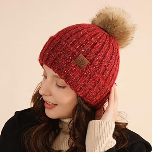 Aduwoan женски зимски бени капа сатен, наредени faux fur fur pom волна манжетна со плетен череп капа