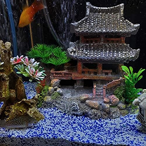 Класичен храм Аквариум украси Азиски замок тематски безбедни смола украси со пластични растенија мала риба куќа скривачка декора за криење
