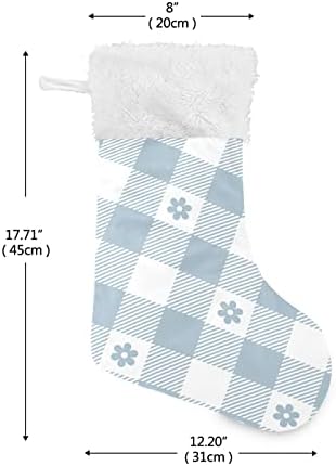 Алаза Божиќни чорапи со сини карирани цвеќиња класични персонализирани големи декорации за порибување за семејни празнични сезони за забави Декор 1 пакет, 17,7 “