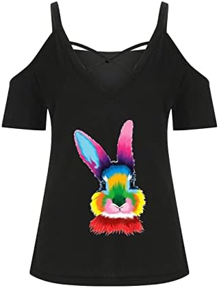 Women'sенски V врат врвови летни кратки ракави маица Велигденски симпатични кошули за печатење на зајаци секси ладно рамо маица лабави блузи