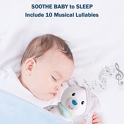 Бебе спиењето, со музички приспива звук, лесна ноќ со функција за време и контрола на волуменот, мека кадифен мечка за спиење играчки