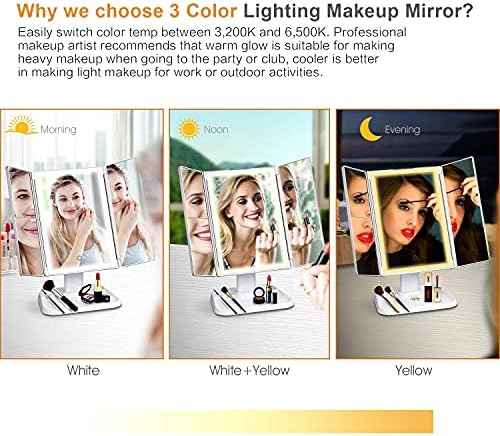 AirExpectal Шминка Огледало Суета Огледало со Светла - 72 LED Trifold Mirror 3 Режими На Осветлување Во Боја, Дизајн На Контрола На Допир, 1x/2x/3x
