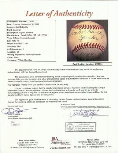 Сингл oeо Мекарти го потпиша Американската лига Бејзбол JSA COA - Автограмирани бејзбол