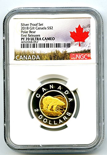 2018 Канада Сребрен Доказ Toonie Два Долари Позлатена Златна Поларна Мечка ПРВО ИЗДАНИЈА 2 2 PF70 NGC