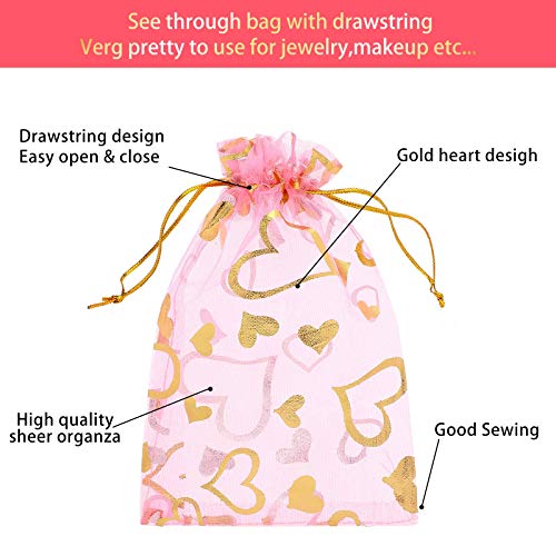 100 Пакет Торби За Подароци За Денот На Вљубените Во Срцето Органза Розова Торбичка Со Врвки Златен Вител Дизајн За Свадбена Забава