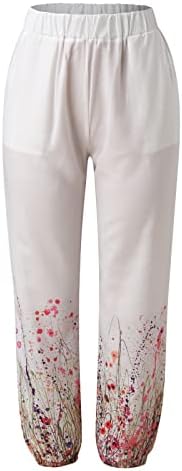 Panенски капри панталони, памучни постелнини обични цвеќиња широки нозе палацо јога каприс летни трендовски салон панталони со џебови