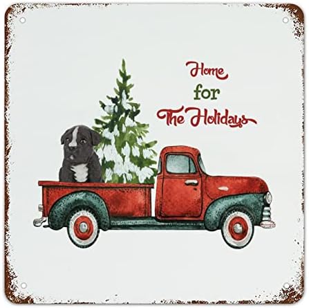 Гуангпат ретро Божиќен знак дома за празници алуминиумски метал знак црвен Божиќен камион куче метал знак Корги кучиња wallид уметност
