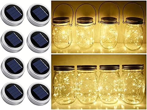 Светлички со капаци на капакот на соларни asonидарски тегла, 8 пакувања 20 LED стринг самовила starвезда Firefly jar Lids Lids, за asonидарски