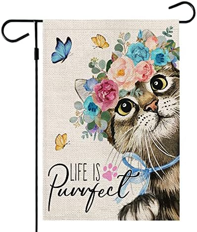 Крунисана убавина пролетна мачка градинарско знаме Флорал живот е совршен 12 × 18 инчи двострана вертикална сезонска сезонска надворешна