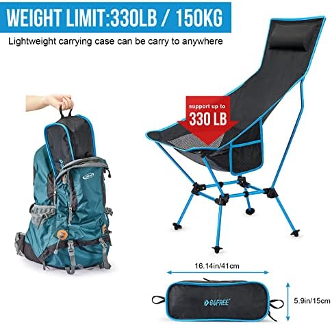 Г4фри лесен преносен преносен камп стол, преклопен стол тревник Чаир тешка 330 килограми со потпирач за глава и џеб за пешачење