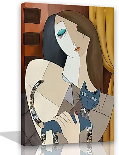 Врамена пикасо wallидна уметност нордиска апстрактна девојка и мачка платно wallидна уметност боемска платно ја отпечати девојката