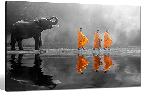 Сечари - Wallидна уметност на слонови, човечки во мир со природата, монах во жолт зен сликарство слики за декорација на домашен wallид, врамени