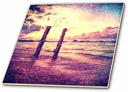 3дроза Скициран дигитално сликарство врз основа на фотографија на столбови на океанот плажа-Плочки