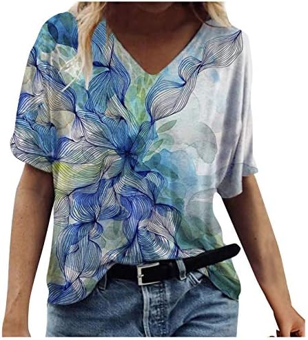 Плус големина западни кошули за жени Туника против вратот на вратот на вратот Излегуваат блузи плажа графичка маичка со лесна маичка