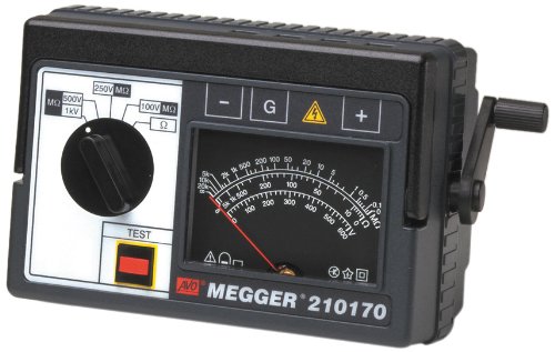 Megger 210170 Аналоген тестер за отпорност на изолација на рака, отпорност на 20,000 мегаохми, 100, 250, 500, 1000 V напон