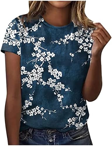 Womenените, кратки ракави 2023 година, памук екипаж на вратот, графички слива, печати цветна блуза маица за девојчиња fi