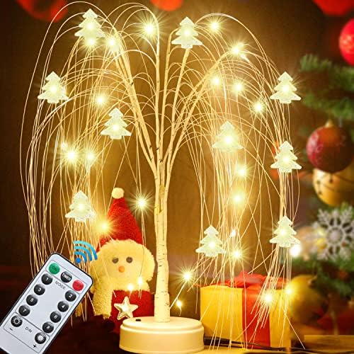 Осветлена врба Божиќни украси дрво, далечински тајмер табела декор 40 LED топло бело новогодишно дрво со самовила светла 22in