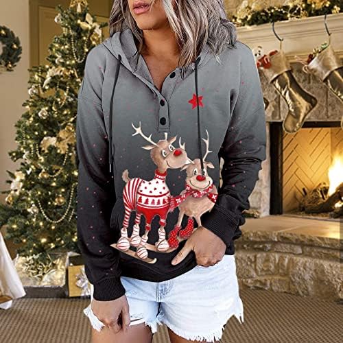 Џемпери на Нокмопо женски женски обични модни модни Божиќни печати со долг ракав, пулвер со качулка, врвни џемпери
