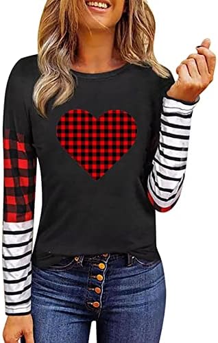 Денот на вineубените кошула за жени со долги ракави срца Гном графички маички обични ленти со карирани карани туники блузи